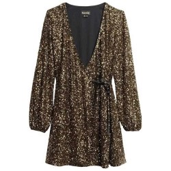 Рокля Superdry Sequin Wrap long sleeve short dress - Brown (Gold Mega Sequin) рокля,дамски,поли,и,рокли,superdry,sequin,wrap,long,sleeve,short,dress,brown,(gold,mega,sequin)