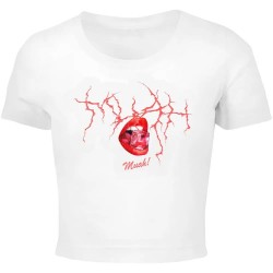 къса,блуза,дамски,топове,miss,tee,muah,cropped,short,sleeve,top,white