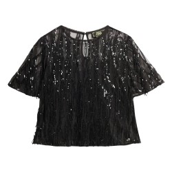 Тениска Superdry Sheer Short Sleeve Sequin short sleeve T-shirt - Black (Black Fringe) тениска,дамски,тениски,superdry,sheer,short,sleeve,sequin,short,sleeve,t,shirt,black,(black,fringe)