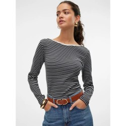 тениска,дамски,тениски,vero,moda,chloe,stripe,2way,long,sleeve,t,shirt,black,snow,white,stripes,(black)