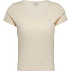 тениска,дамски,тениски,tommy,jeans,dw0dw17385,short,sleeve,v,neck,t,shirt,beige,(newsprint)