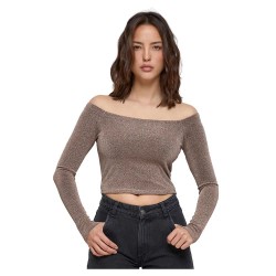фланелка,с,дълъг,ръкав,дамски,топове,urban,classics,off,shoulder,glitter,long,sleeve,top,gold,(brown)