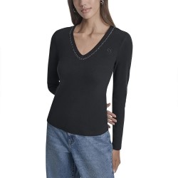 тениска,дамски,тениски,dkny,rhinestone,long,sleeve,v,neck,t,shirt,black,gunmetal,black