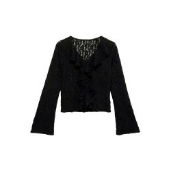 Тениска Vero moda Flora Frill Long Sleeve V Neck T-Shirt - Black (Black) тениска,мъжки,тениски,дамски,тениски,vero,moda,flora,frill,long,sleeve,v,neck,t,shirt,black,(black)